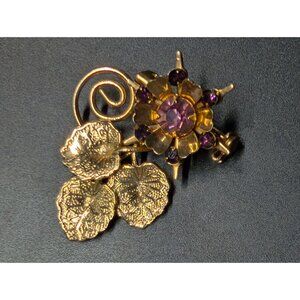 Vintage Gold-Tone Leaf & Purple Rhinestone Floral Brooch Pin